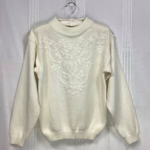 Vintage Cariage Court Cream Mock-neck Embroidered Sweater